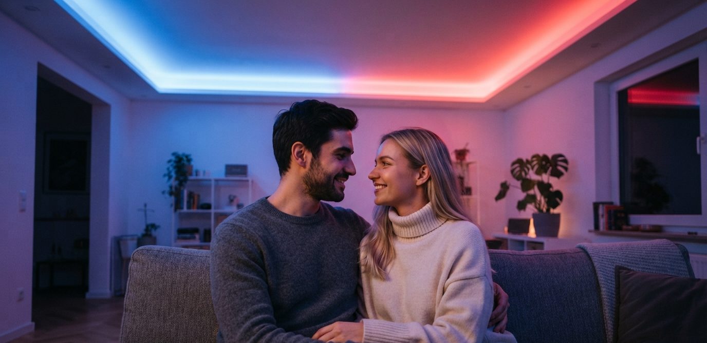Пара в гостиной с RGB-подсветкой натяжного потолка